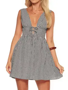 Plaid Deep V Neck Tie Waist Design Sleeveless Mini Dress Lady Women Sexy Holiday Daily Outfit Birthday Party Occasion Wear Babydoll Cute Summer Dress Womenswear Dresses For Party
