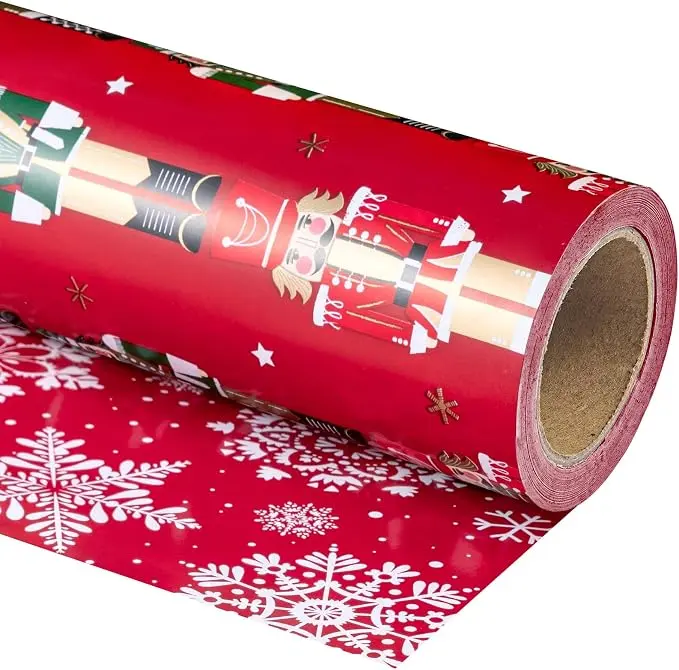 WRAPAHOLIC Christmas Wrapping Paper Roll, Reversible Holiday Gift Wrap with Nutcracker, Santa, Gingerbread & Gnome Designs, Festive Gift Wrapping Paper for Kids, Girls, Family, Christmas Party, 17 Inch x 33 Feet