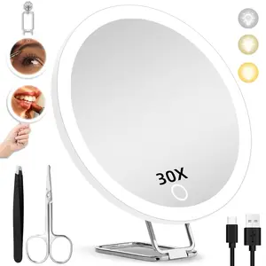 30X Magnifying Mirror with Light, Large 6'' Magnifying Makeup Mirror with Light 30X, Travel Mirror with 30X High Magnification Compact 30X Magnified Mirror with Light, 3 Suction Cup & Adjustable Stand