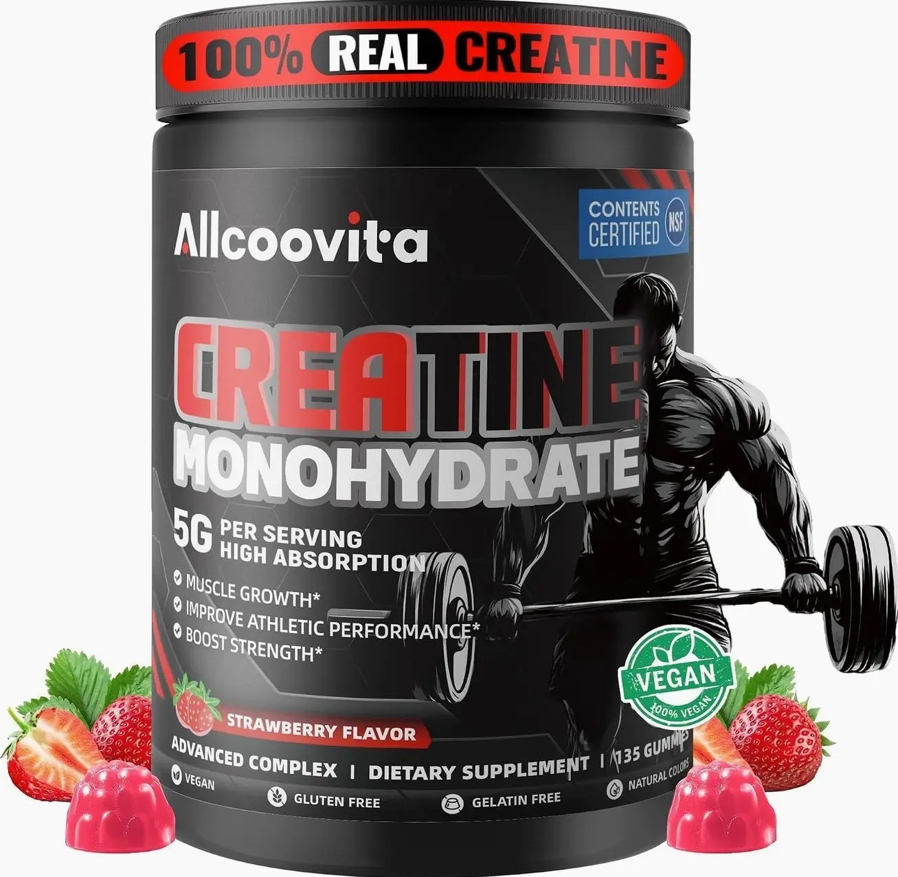 NSF Certified Creatine Gummy 5g - Creatine Monohydrate Gummies for Men & Women. Boost Focus,Strength, and Endurance, Anti-Melting Formula, Vegan, Gluten-Free, Non-GMO,(Strawberry 135 ct)