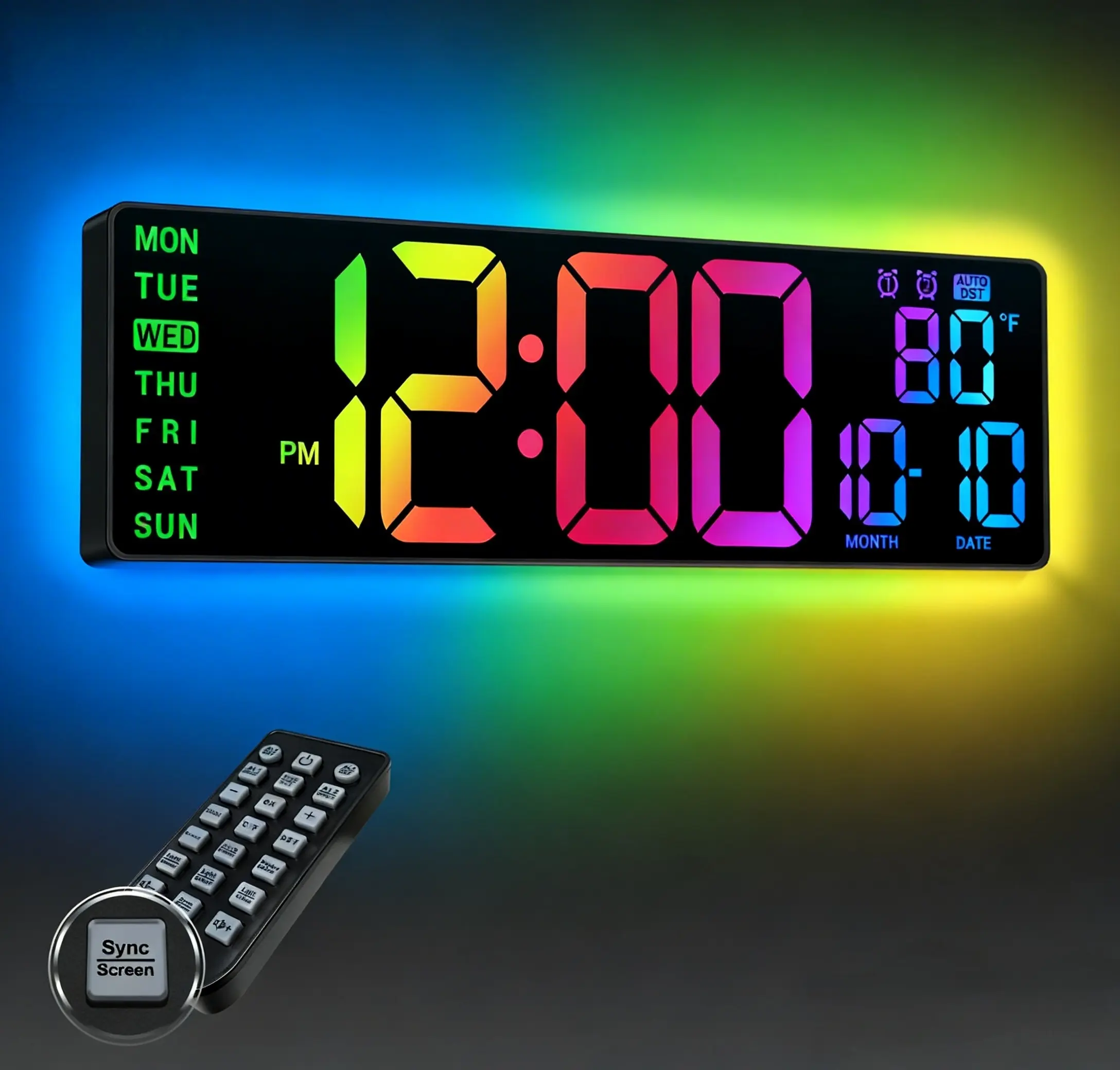 16.5" Modern Square RGB Digital Wall Clock - Large LED Display, 11 Dynamic Scenes, Remote Control, Auto DST, Dual Alarms, Temperature Display, Metal Construction, USB Charging, Ideal for Gaming Room, Home Decor