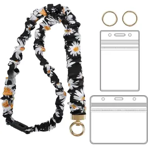 Breakaway Scrunchie Lanyard for ID Badges, Stretchy Teacher Lanyard with Id Holder for Keys, Floral Black
