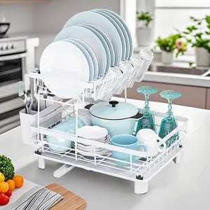 2 Tier Dish Drying Rack with Drainboard & Adjustable Spout, Rustproof Iron Kitchen Dish Rack with Utensil Holder & Knife Slots, Sturdy & Easy to Install Dish Drainers for Counter Sink, White