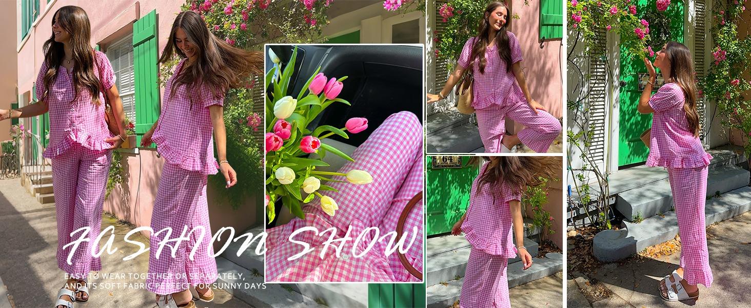 Loveimgs Women's Plaid Two-Piece Pajama Set (Short-Sleeve Babydoll Top + Long Pants) — Cute & Casual Loungewear Loveimgs Women's Plaid Two-Piece Pajama Set (Short-Sleeve Babydoll Top + Long Pants) — Cute & Casual Loungewear