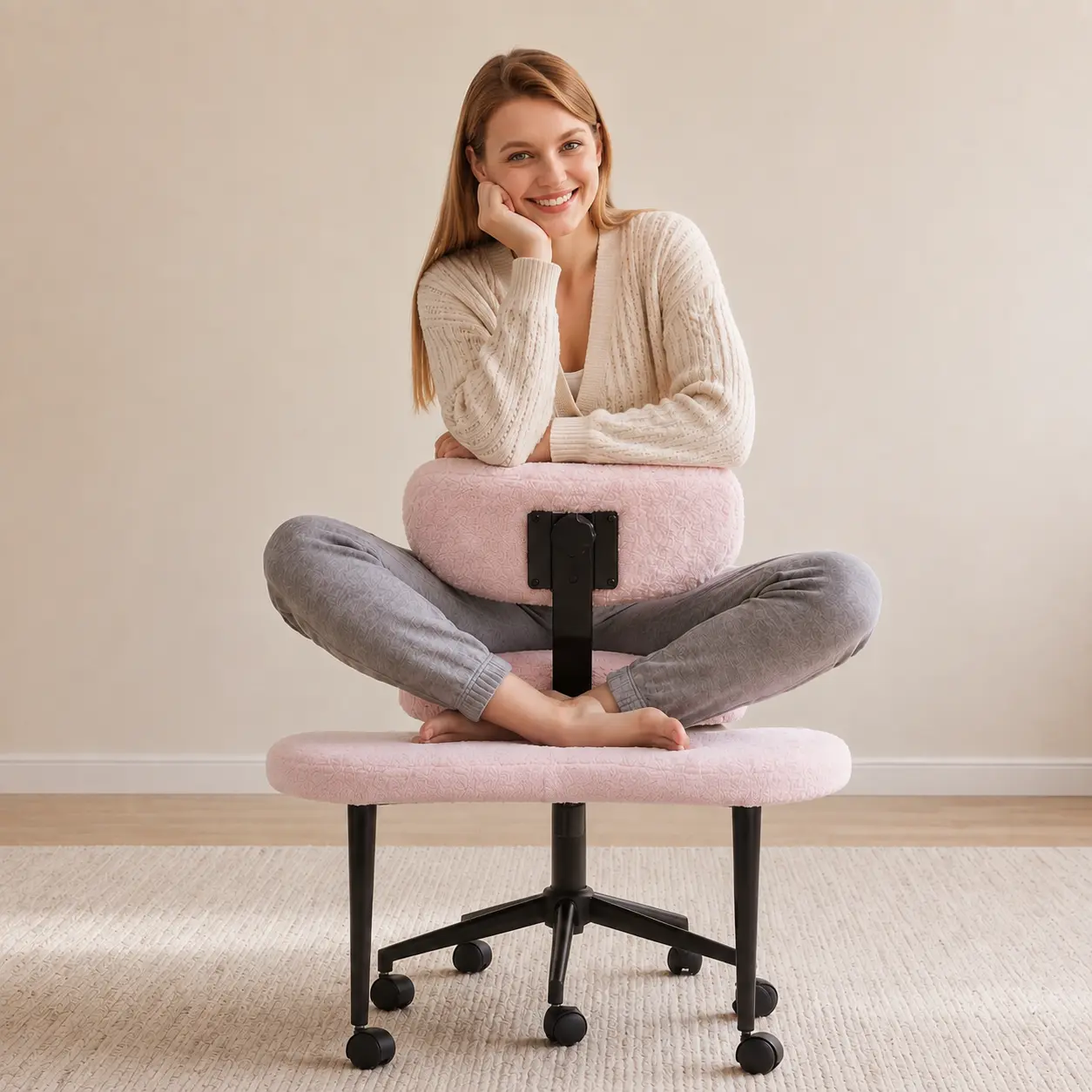 Sweetcrispy Armless Single Seat Office Chair with 360° Swivel Wheels, Adjustable Rest, Cross-Legged Design for Home Office Work & Meditation Space