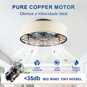 20" Lotus Caged Ceiling Fan with Lights, Farmhouse Bladeless Flush Mount Ceiling Fan with Remote, Industrial Boho Low Profile Fan for Bedroom Living Room Kitchen (Bulbs Not Included)