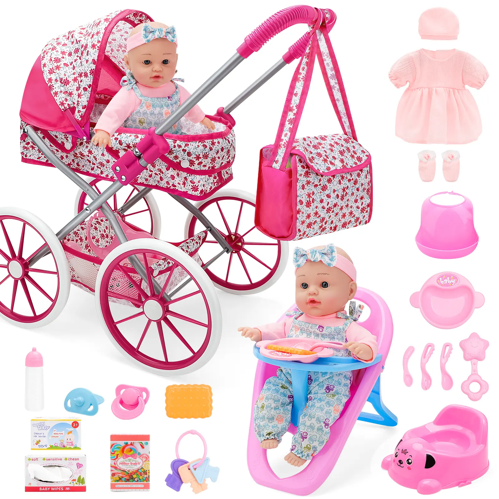 Doll Play Set Flower Design Includes -  Doll Stroller, Doll Chair, Seat, Doll Accessories Set