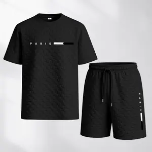 Men's Spring And Summer Paris Letter Print With Red And Black Line Checkered Fabric Drawstring Shorts Set, Casual Summer Outfit With Short-Sleeved Shirt And Shorts, Ideal For Everyday Wear And Sports Activities
