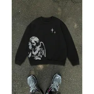 Men’s sweatshirt with angel and letter print, crew neck, loose casual long-sleeve pullover for autumn and winter; men’s clothing for everyday wear