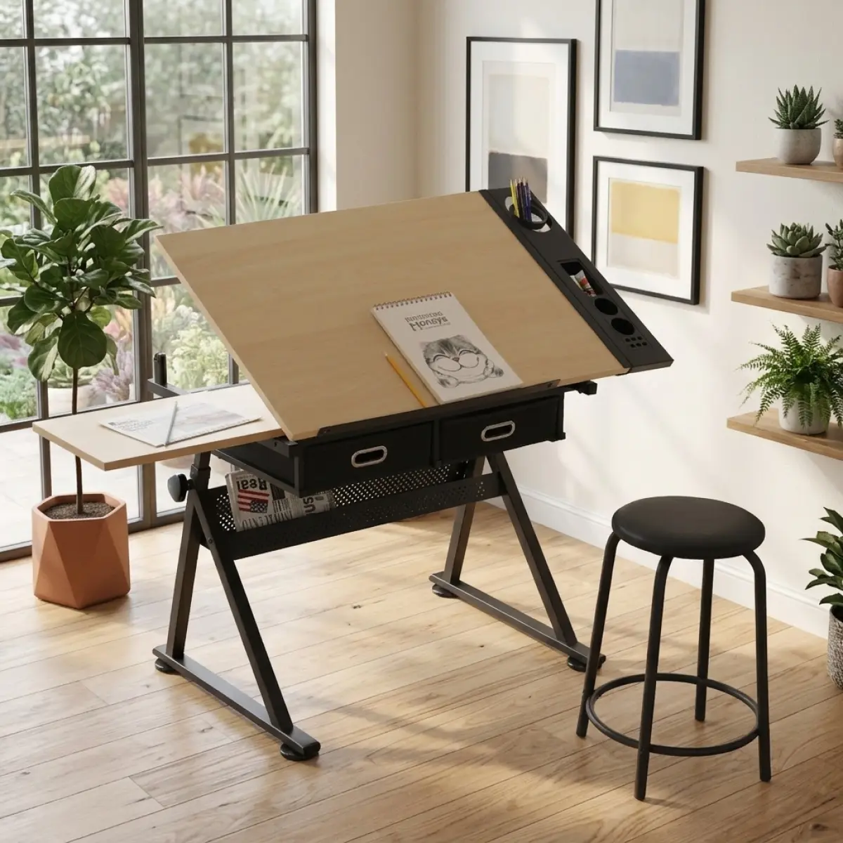 MDF-Metal Adjustable Drawing Drafting Puzzle Table Desk with 2 Drawers & Stool, 68-91cm Height Adjustment, 0-75° Tilting Desktop, 38.58x23.62x5.51 Inches, 47.00 lbs, 150kg Load Capacity for Home Office (Single Seat)