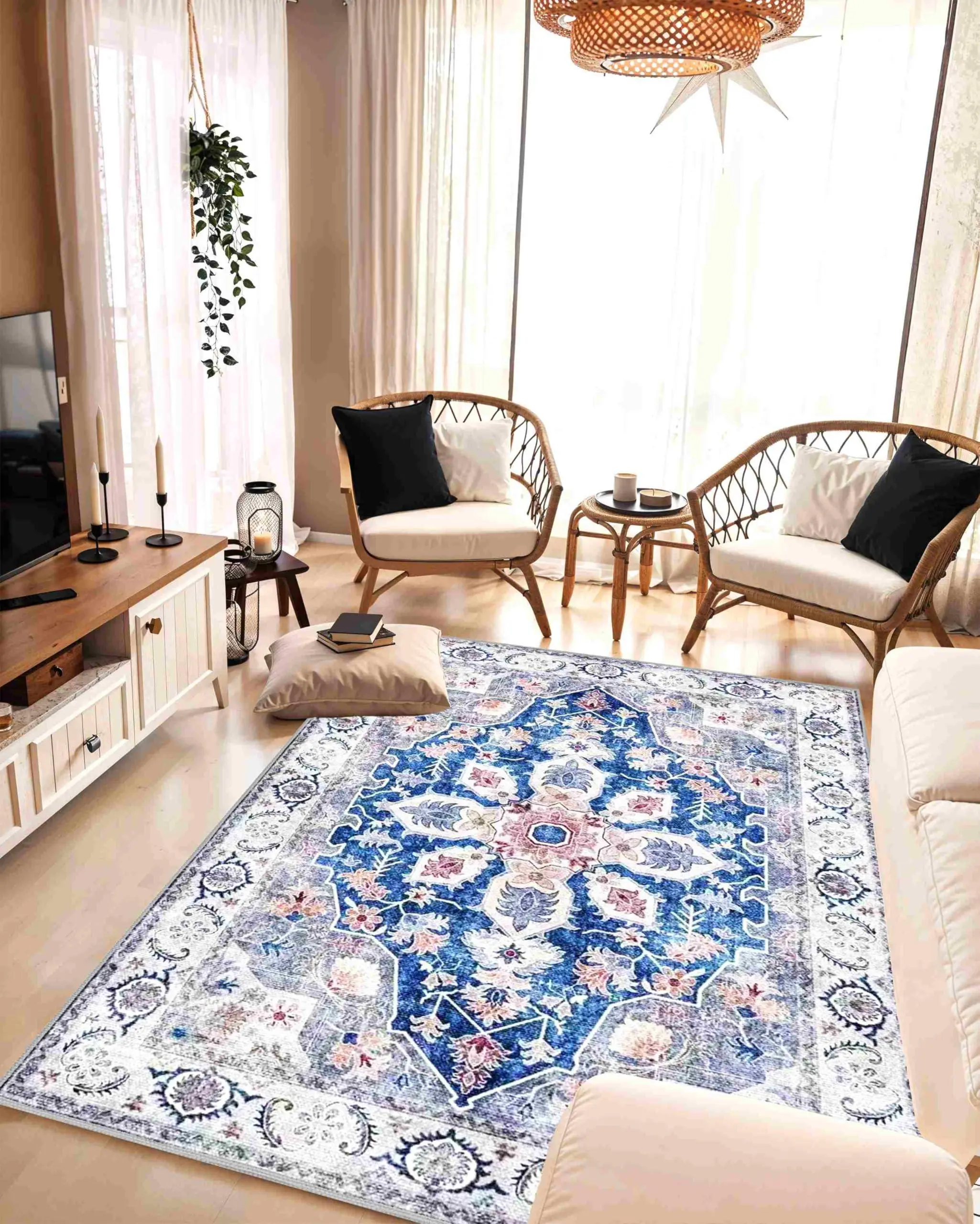 Machine Washable Area Rug 5x7 Foldable Oriental Rug with Anti-Slip Backing, Stain Resistant Living Room Carpet, Soft & Durable Floor Rug, Design 7770 Color Blue