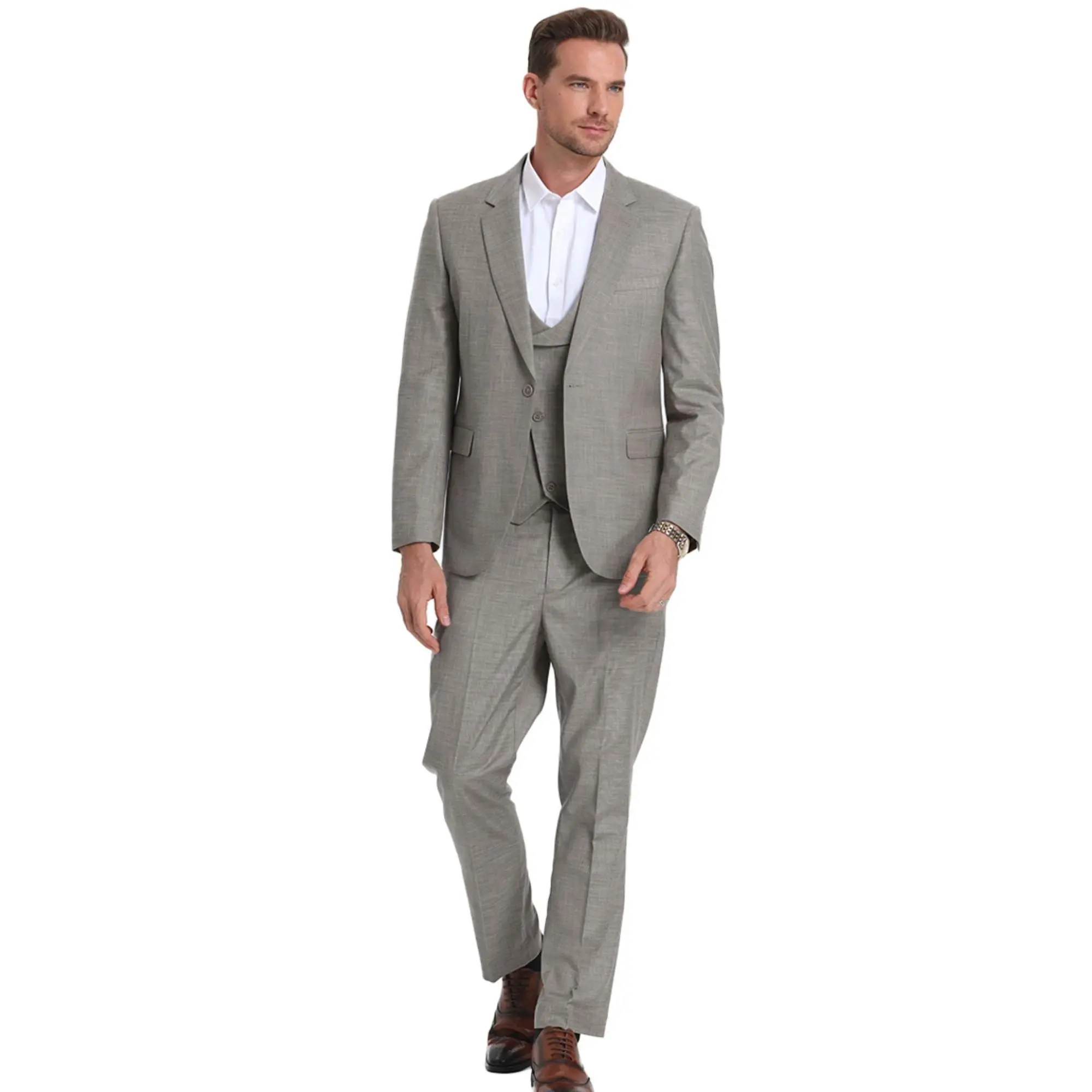 Men’s 3-Piece Slim Fit Textured Suit with Satin Peak Lapel - Lt Grey