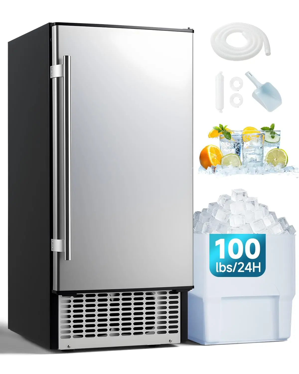 15 Inch Wide Commercial Ice Maker, 100LBS/24H Under Counter Ice Machine, Stainless Steel with 30LBS Storage, Water Filter, Self-Cleaning & Timer for Bar Restaurant