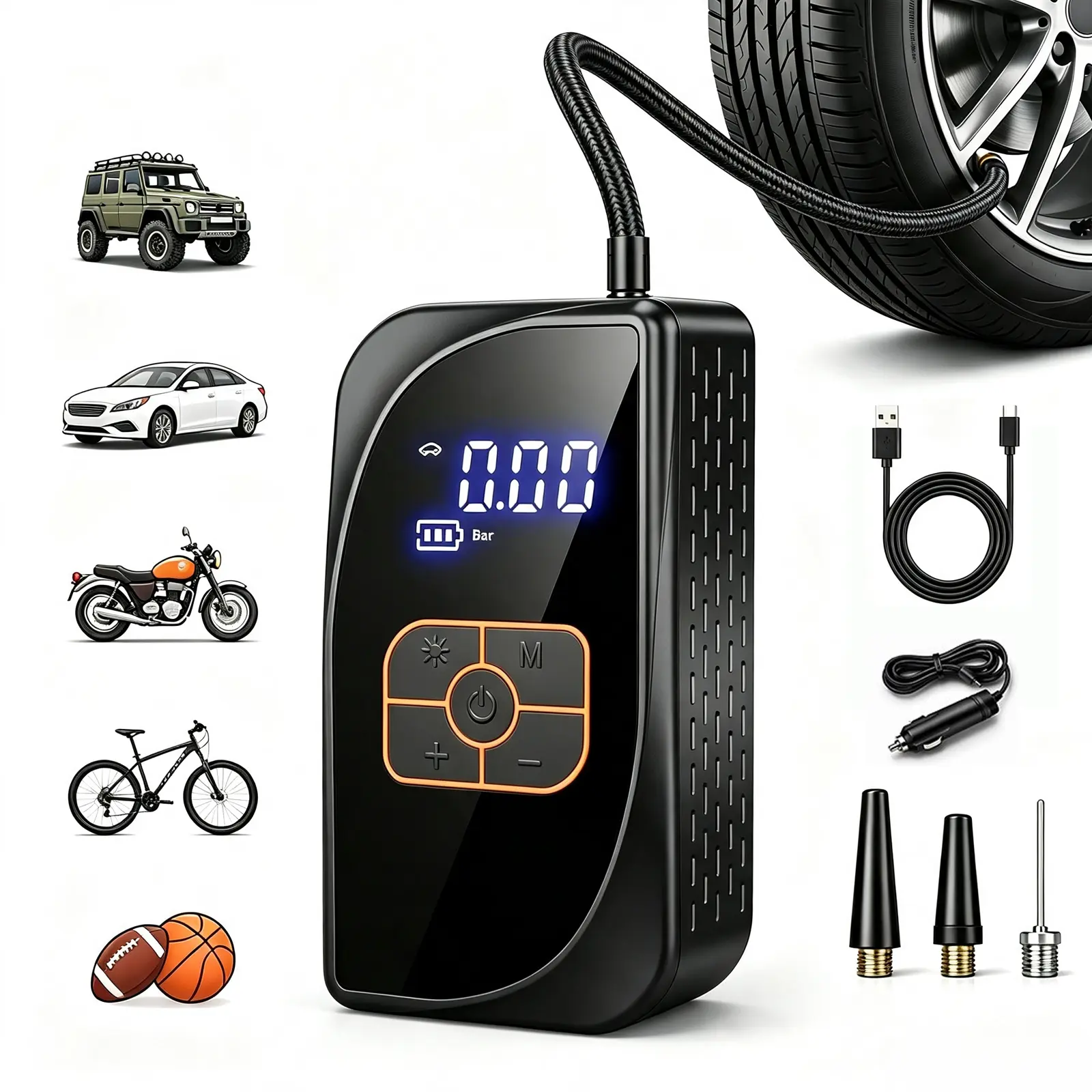 Portable Tire Inflator Air Compressor, 150 PSI Cordless Air Pump with Digital Pressure Display, Fast Inflation, LED Light, Auto Shut-Off for Car, Motorcycle, Bike, Sports Balls