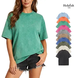 Holafish Acid Washed Tshirt Casual Cotton Unisex Tshirts for Women Short Sleeve Crewneck Tops Vintage Washed Basic Loose Casual Tees Street Style Womenswear