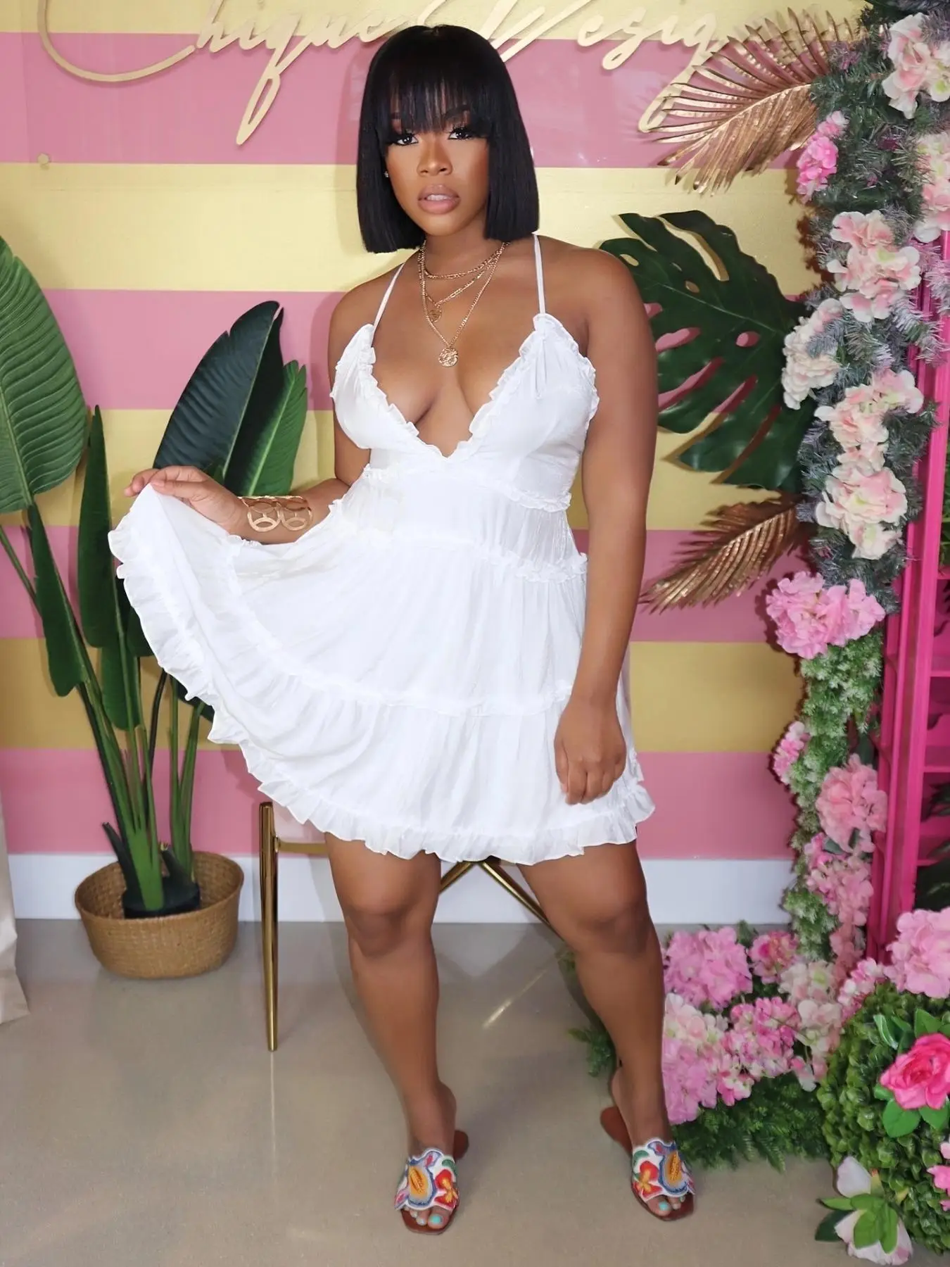 Women's Plain Criss Cross Frill Trim Ruffle Hem Cami Dress, Casual Spaghetti Strap Backless Sleeveless Short Dress for Summer, Ladies Dress for Beach