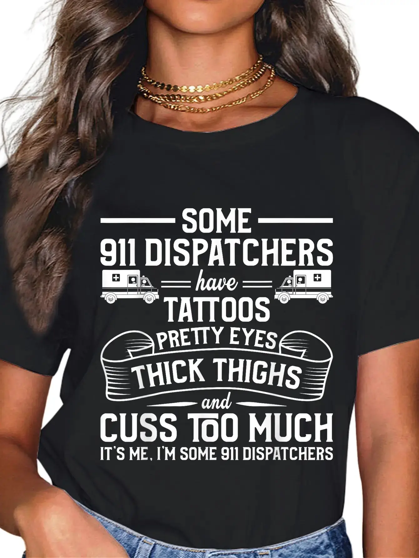 Women's Short-Sleeve Oversize Loose-Fit Round Neck Breathable Lady Casual Graphic T-Shirt - 911 Dispatcher Top with Tattoo, Thick Thighs, Pretty Eyes Designs, Machine Washable, All Seasons