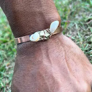3/8” Handmade Pure Copper Cuff Bracelet - Peruvian Pyrite, Cowrie Shell Accents - Boho Statement Bangle Jewelry