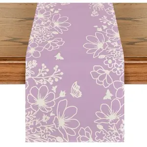 Purple Bloom Flowers Butterfly Spring Table Runner,Seasonal Summer Kitchen Dining Table Decoration for Home Party Decor 13x72 Inch
