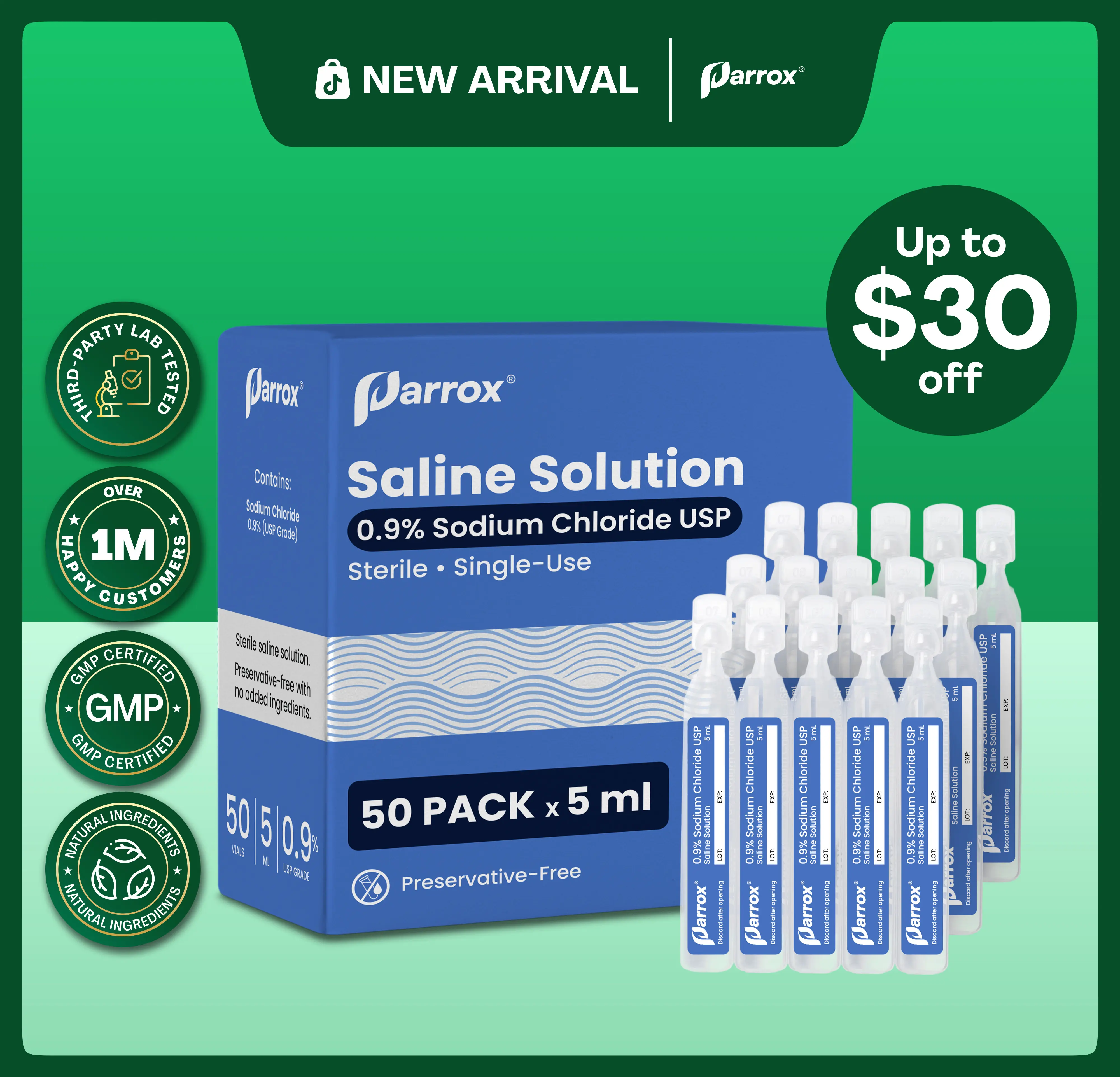 0.9% Saline Solution for Nebulizer (50x5mL vials) - Parrox Daily Nasal Care - Sodium Chloride USP, Single-Use, Preservative-Free