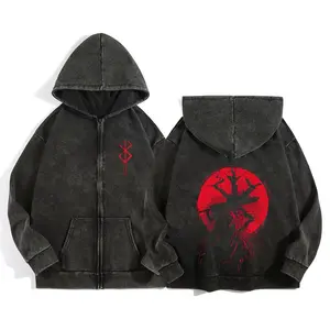 Anime Berserk Wash Zip up Hoodie Harajuku Retro Gothic Graphic Jacket Hooded Sweatshirt Cotton Hip Hop Men Women Hoody Coat