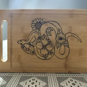 Elegant Wood Burned Floral Snake Bamboo Cutting Board for Kitchen Chopping & Serving Unique Design Functional & Stylish