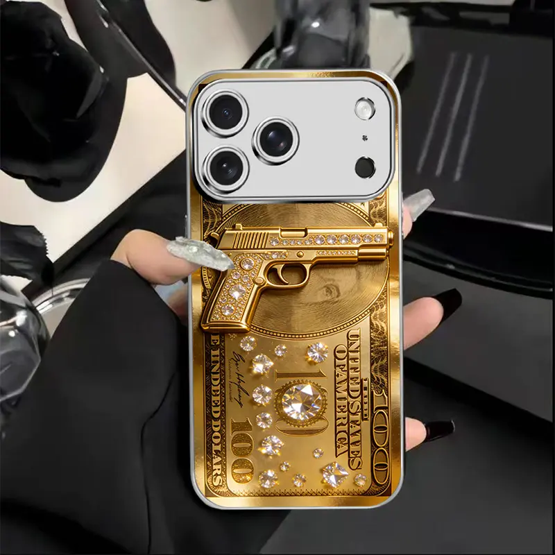 Whole Pistol Gold Dollar Pattern Electroplated Glass Phone Case, Available in Gold and Silver, High-end Luxury Phone Case, Compatible with iPhone 11/12/13/14/15/16/17for Samsung