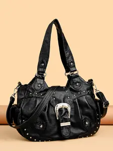 Ladies' fashionable retro Y2K spicy girl handbag, large capacity, multiple pockets, punk diagonal cross bag, Adjustable crossbody bag, washed and vegan bag, suitable for vacation, shopping, work, holiday gifts