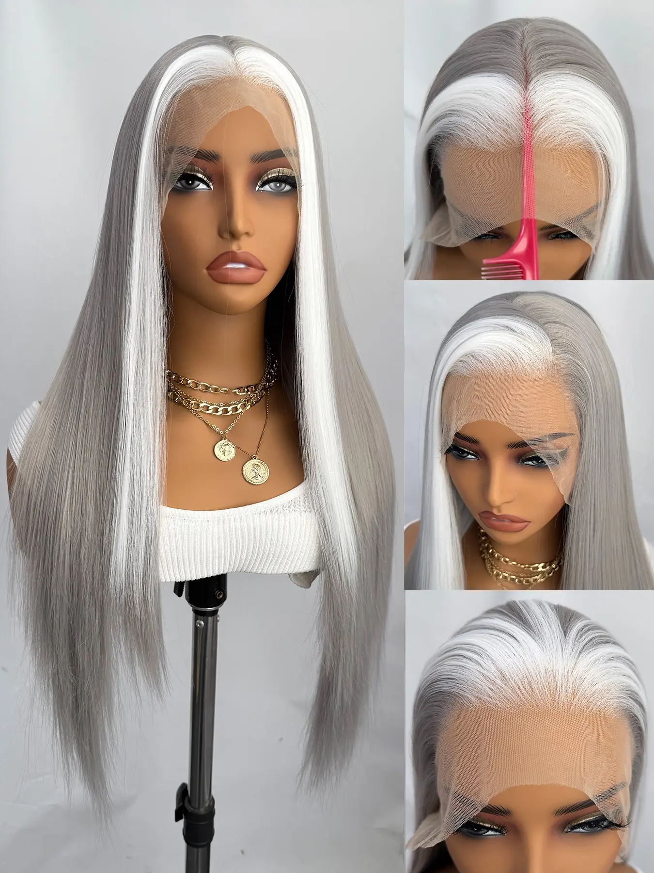 13x4 Lace Front Wig Long Silky Straight Hair with White Highlights Mix Color Natural Look Comfortable Fit Adjustable Pre Bleached Wig Easy Care Heat Resistant Fiber Beginner Friendly Wig Frontal Lace Wigs