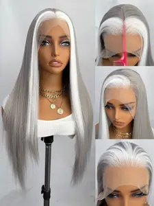 13x4 Lace Front Wig Long Silky Straight Hair with White Highlights Mix Color Natural Look Comfortable Fit Easy Care Heat Resistant Fiber