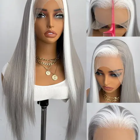 13x4 Lace Front Wig Long Silky Straight Hair with White Highlights Mix Color Natural Look Comfortable Fit Adjustable Pre Bleached Wig Easy Care Heat Resistant Fiber Beginner Friendly Wig Frontal Lace Wigs