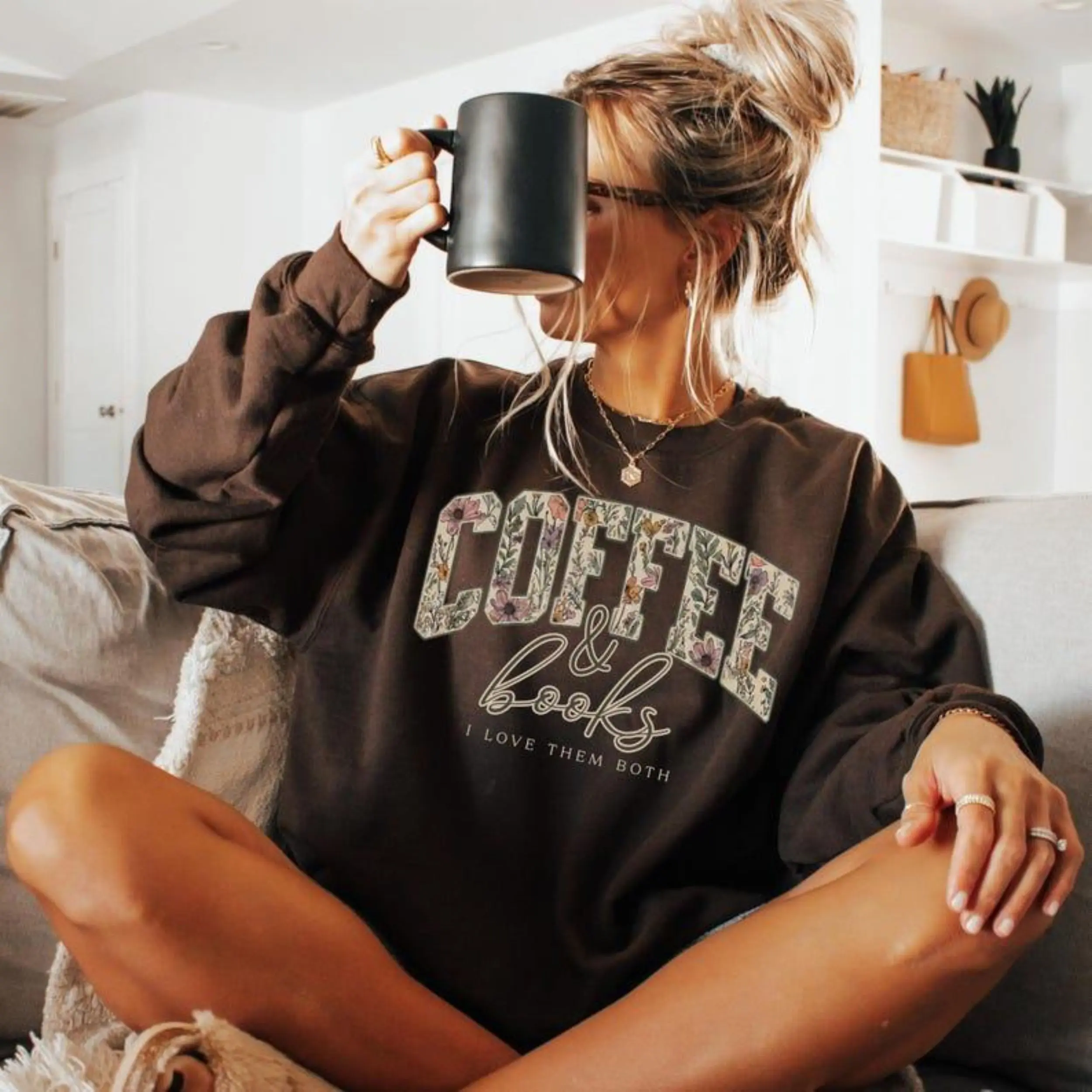 Coffee & Books Sweatshirt, Cute Book Lover Sweatshirt, Book Club Shirt, Cozy Reader Gift, Teacher Back to School Graphic Crewneck Gift For Women Gift for Women