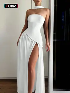 Trendy Backless Long Dress, Sexy Evening Gown, Elegant High Slit Maxi Dress, Fashionable Off-Shoulder Party Dress