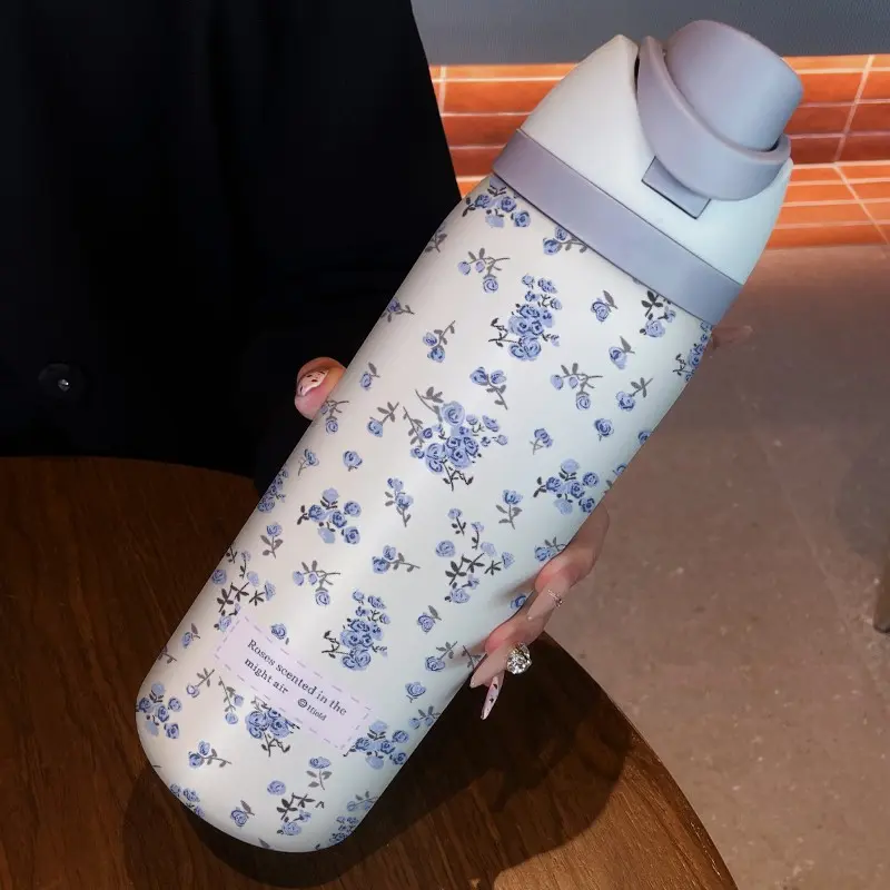 Floral Rose 32oz Dual Drink Sports Bottle, 304 Stainless Steel Insulated Tumbler, Drinkware, Perfect Gift for Women, Home, Outdoor, Travel, Water Bottles, Vacuum Insulated Thermos