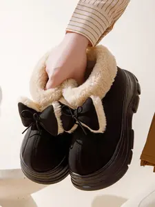 Women's Winter Indoor Outdoor Cotton Slippers, Thick Sole Warm Home Shoes with Bow Design, Comfortable Footwear for Cold Weather