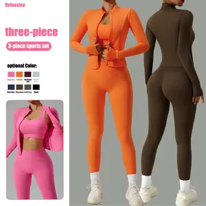 Women's 3-piece Tight Fitting Sportswear Set Quick Drying Fitness Suit with Cardigan for Running in Orange Pink & Brown tennis Solid Zip-Up Pocket Sports