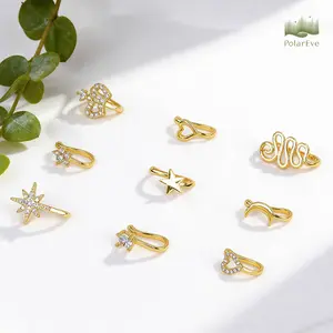 PolarEve 9pcs Non-Piercing Copper Nose Rings U Star Love Crown Zirconia Shapes Punk Rhinestone Clip-On Gold Nose Protection Bracelet Adjustable Jewelry Unisex