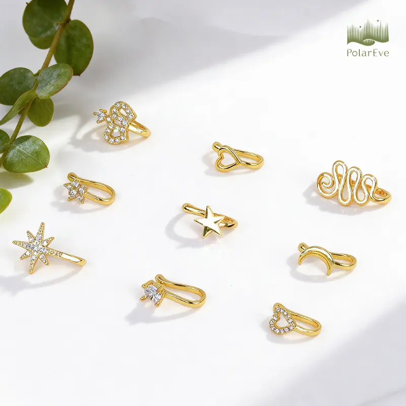 PolarEve 9pcs Non-Piercing Copper Nose Rings U Star Love Crown Zirconia Shapes Punk Rhinestone Clip-On Gold Nose Protection Bracelet Adjustable Jewelry Unisex