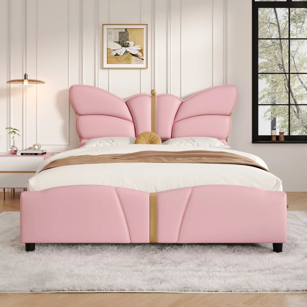 Upholstered PU Leather Full-Size Platform Bed Frame with Butterfly-Shaped Headboard & Footboard, Gold Metal Decor for Glam Look, Wooden Slats Support, Easy Boxless Base (No Box Spring Needed), Pink