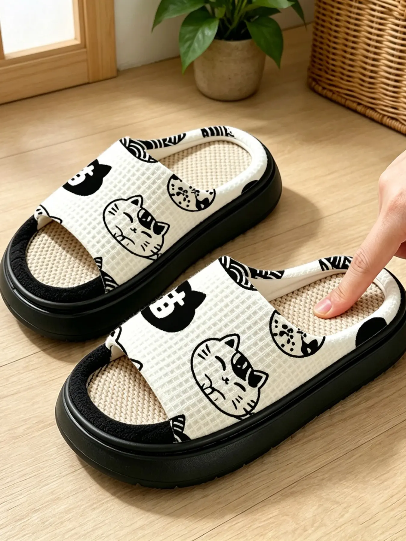Japanese Style and Lucky Cat House Slippers, Waffle Linen Breathable, Simple Design, Anti-Slip Silent Thick Sole Shoes