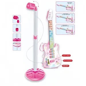 Children's guitar and microphone set toy, includes guitar, microphone stand, rose red color, karaoke machine with microphone, educational simulation playing light and music game, suitable as a birthday gift for boys and girls aged 3 and up, children's mus