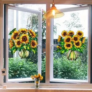 A set (30*30cm*2pcs) of sunflower oil painting style window stickers, double-sided visible static glass stickers, for bedroom, living room and bathroom window decoration, model D16578