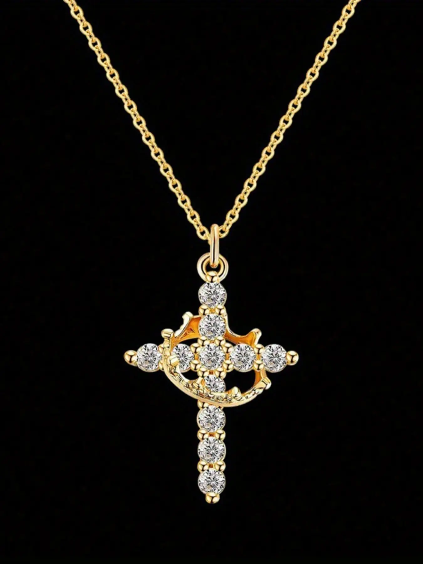 Creative Titanium Steel Cross Pendant Necklace, Rotatable Hollow Out Colorful Zircon Choker, Perfect for Parties and Gifts, Religious Necklace