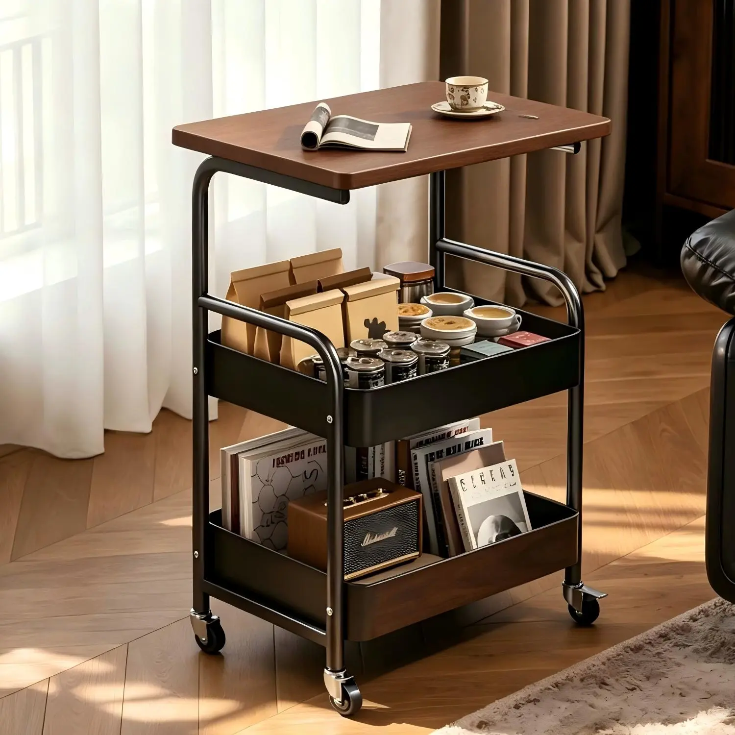 Mobile storage cart with wheels, featuring a storage shelf; a multifunctional mobile storage rack and a versatile organizer suitable for various settings, including kitchen pantries, fruit and vegetable storage, snacks, bedrooms, and bathrooms.