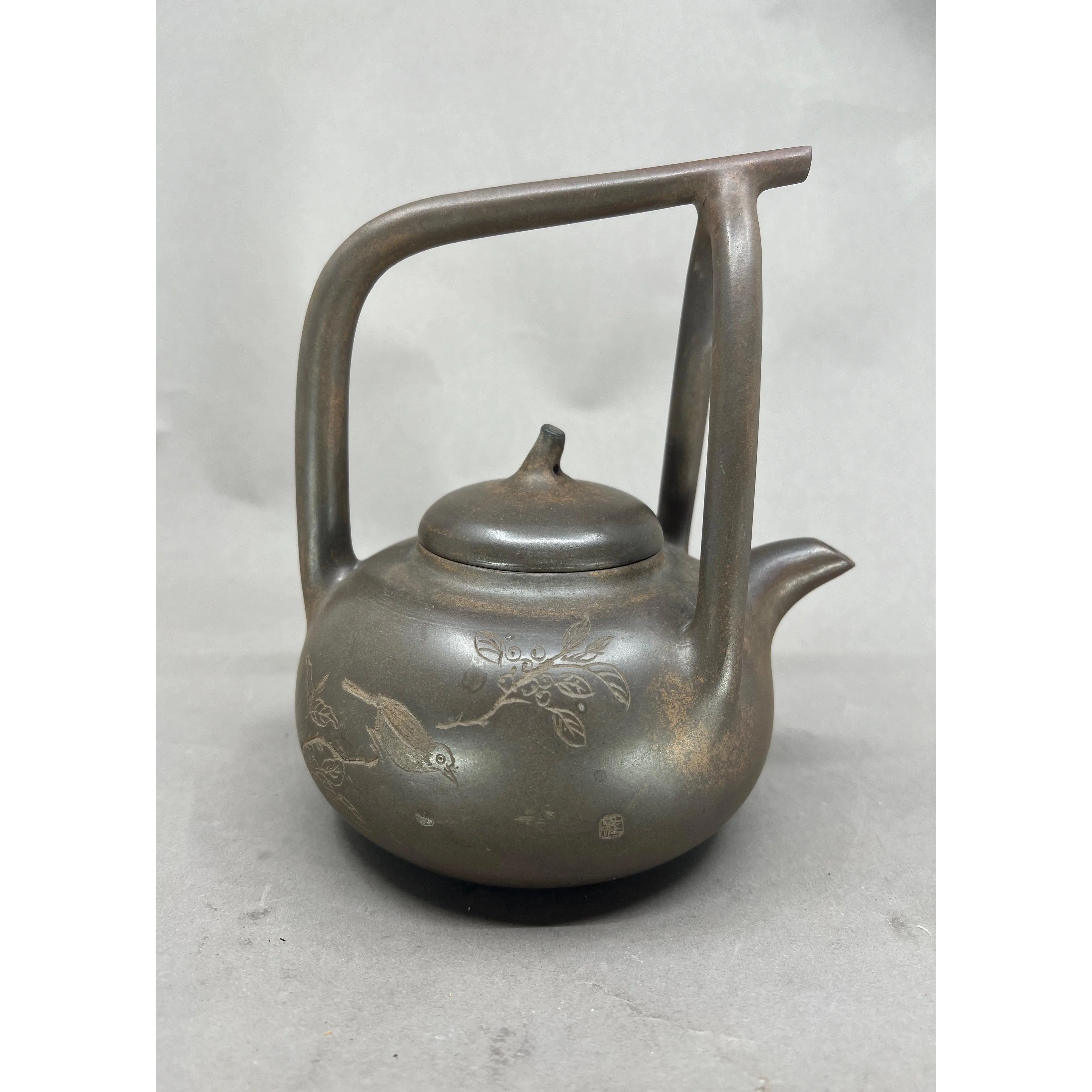 Old Chinese Yixing Zisha Clay Flower Bird Poetic Prose Handle Teapot w Artist Signed