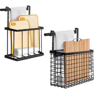2 Pack Over The Cabinet Door Organizer with Towel Bar, Over Door Storage Towel Holder for Kitchen Cutting Board Organization, Black
