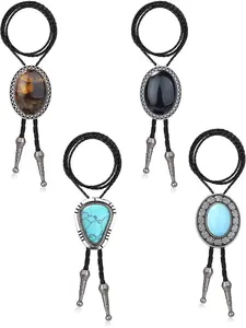 4Pcs Bolo Tie for Men Western Cowboy Natural Tiger Eye Leather Necktie Halloween Costume Accessories for Men Women