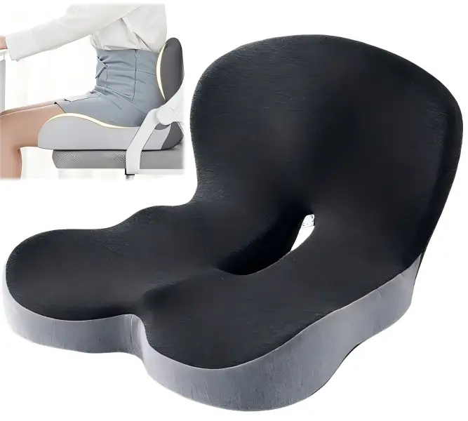 Ergonomic Memory Foam Seat Cushion with Removable Cover - L-Shaped Integrated Pad, Rubber Grip, Durable Construction, Machine Washable, Hip & Lumbar Support for Pressure Relief (Office, Car Use)