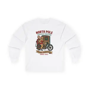 North Pole Service Station motorcycle mechanic long sleeve tee | Christmas vintage
