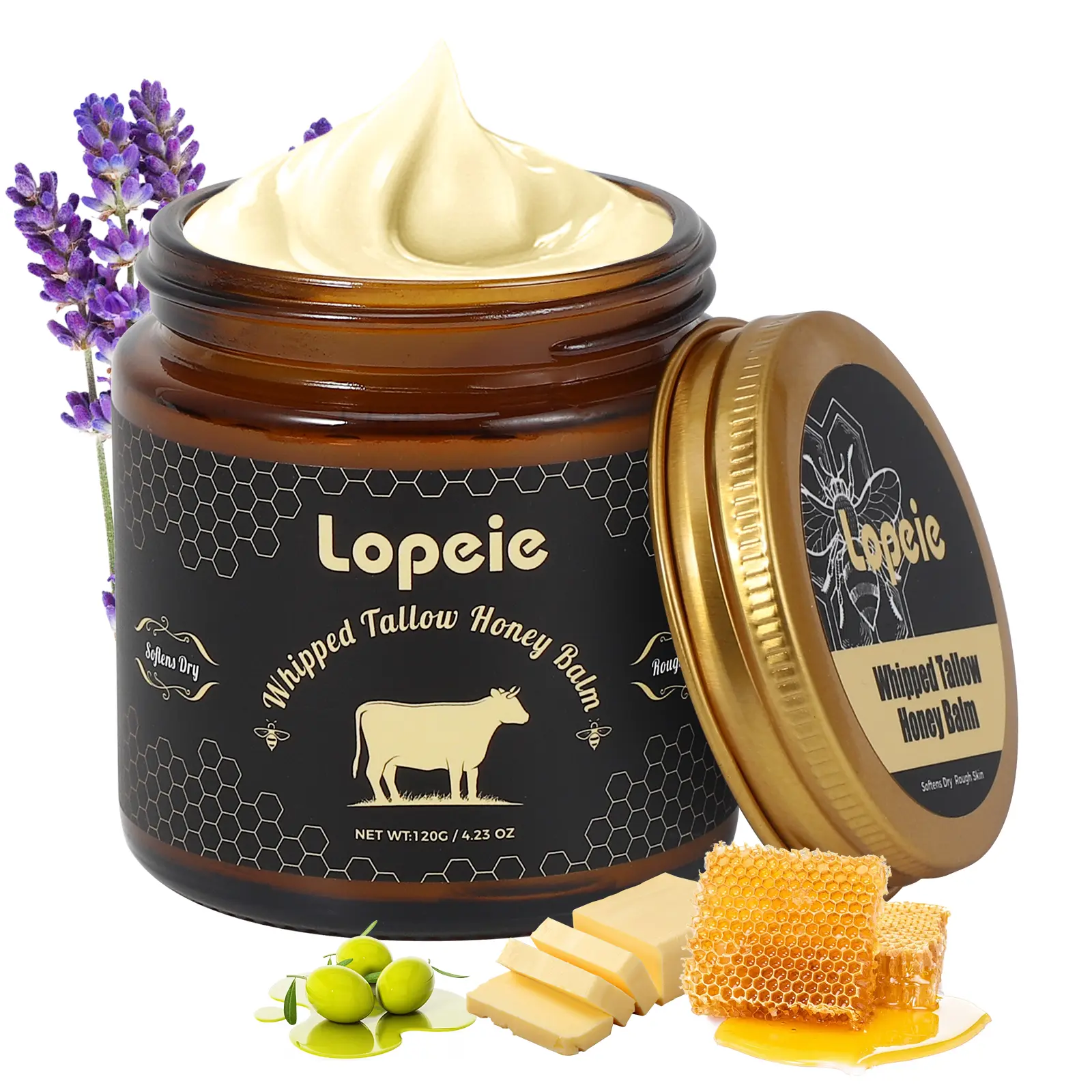 Whipped Grass-Fed Beef Tallow Honey Balm - 4 Oz,Moisturizing Cream for Soft, Smooth Skin - Handmade All-Natural Moisturizer - Lavender,hydrating, comfort, moisture boost cream, luminous firming cream, body care, hydrating dry skin